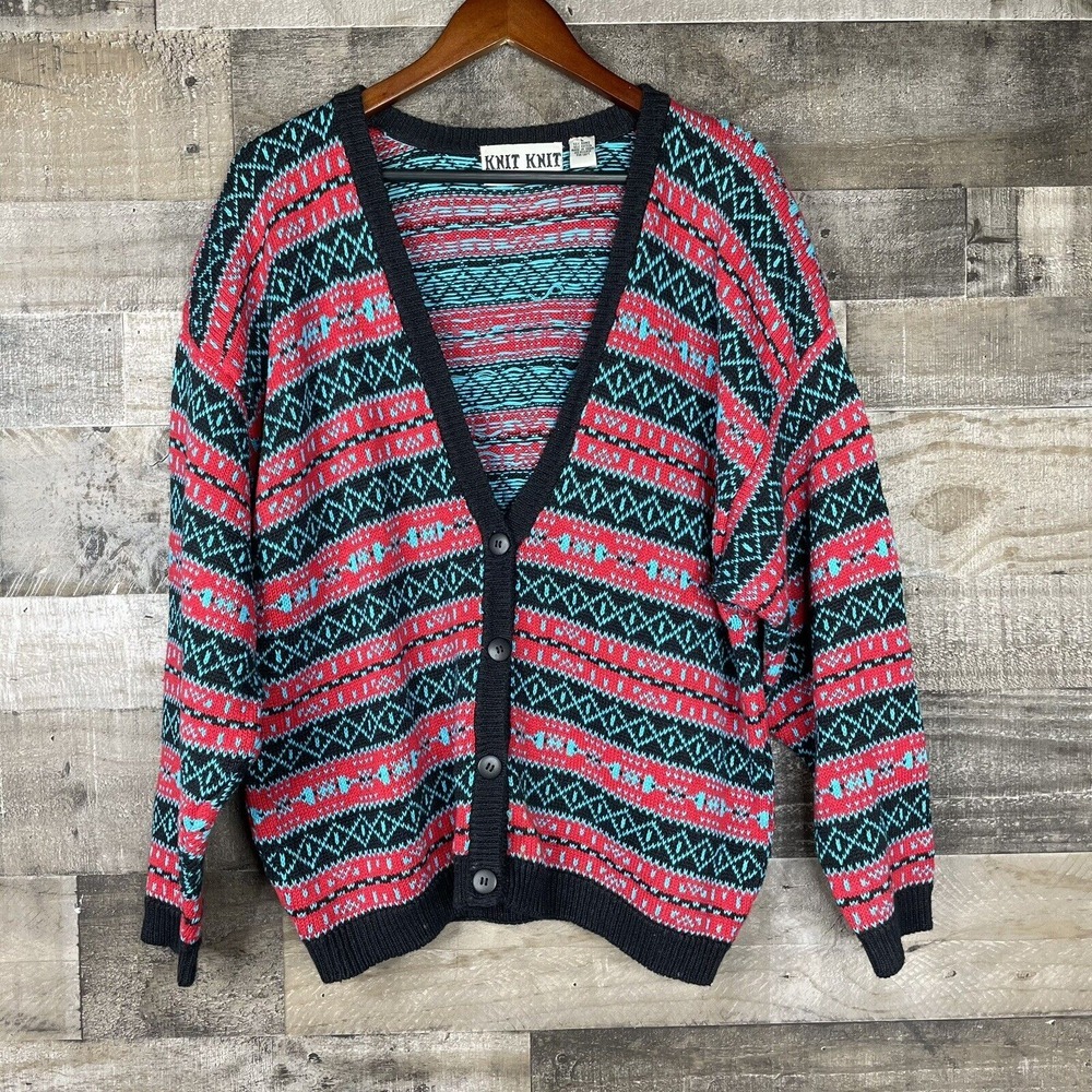 VTG Knit Knit Cardigan Womens Size L Red Black & Blue Striped Sweater Casual